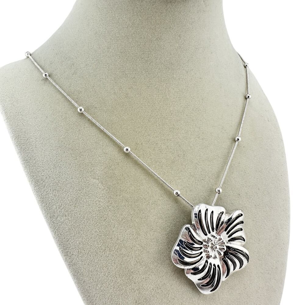 Roman Flower Pendant Silver Tone Bronze Tone Accent 33” Fashion Necklace